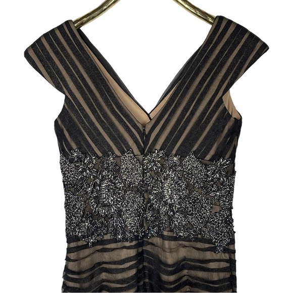 JOVANI V-NECK RUCHED FLORAL LACE BEADED BANDED WAIST ILLUSION SHEATH DRESS - Picture 11 of 16